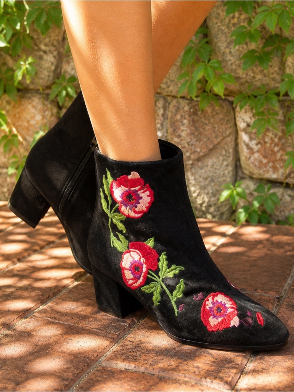 RENVY Black Floral Suede Embroidered Ankle Boots, 38/8